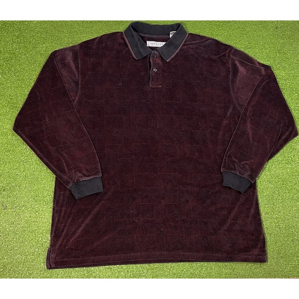 Vintage Velour Rugby Sweater LG Velvet Burgundy Long Slv Polo Shirt EUC Imprints